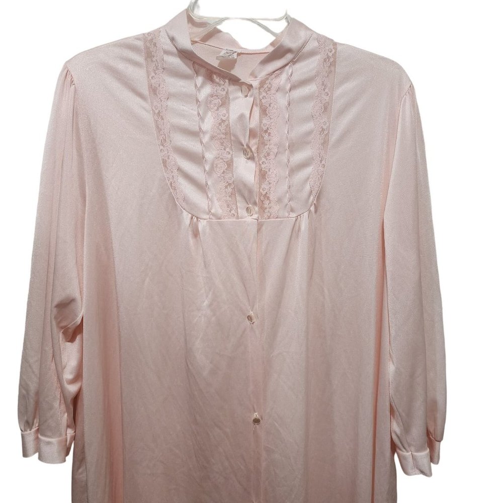 Vtg Montgomery Wards Womens Robe Sz Large Pink Nylon Button Down Front MidCalf